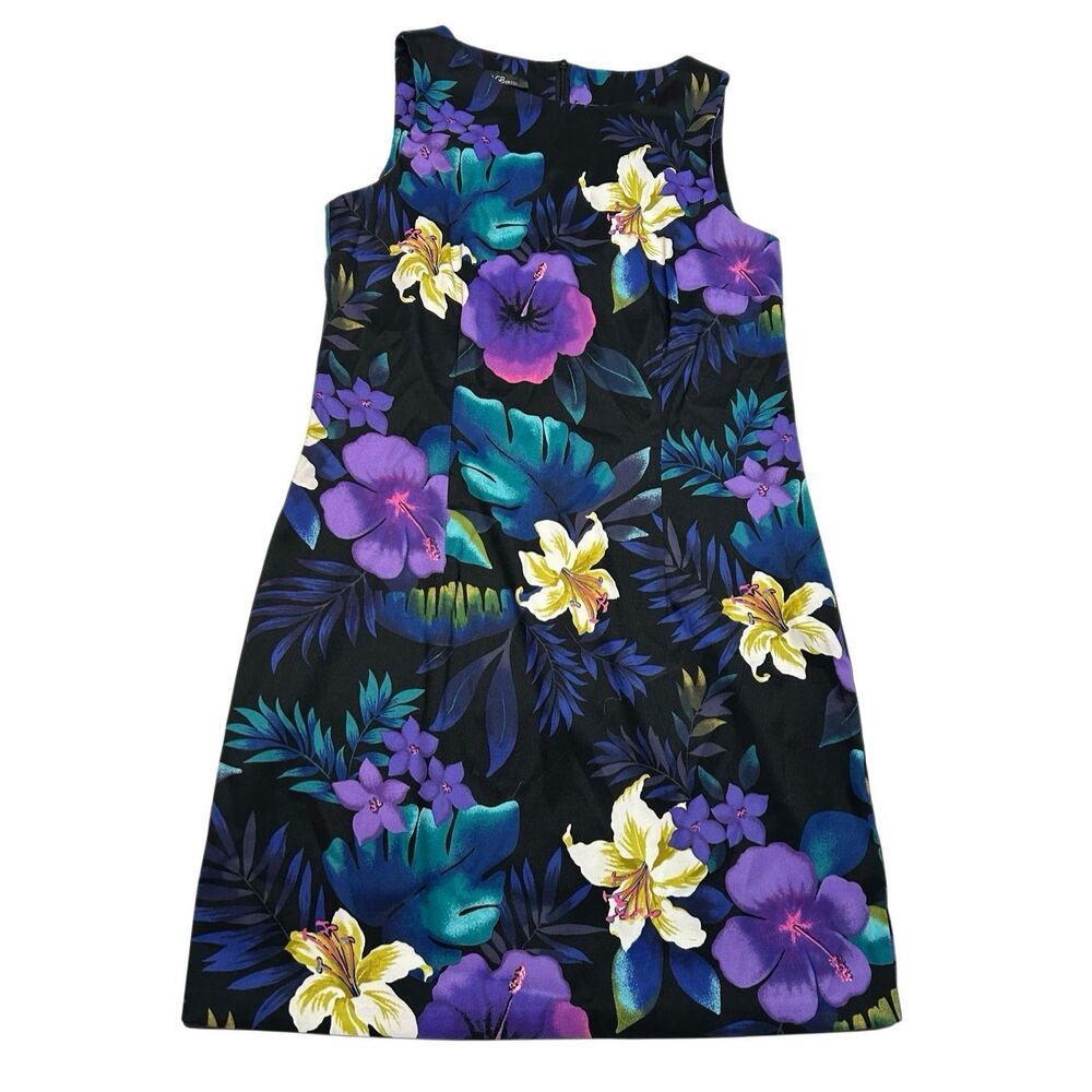 AGB Sleeveless Dress Tropical Floral Sheath Dress Size 14 Black Purple Hibiscus